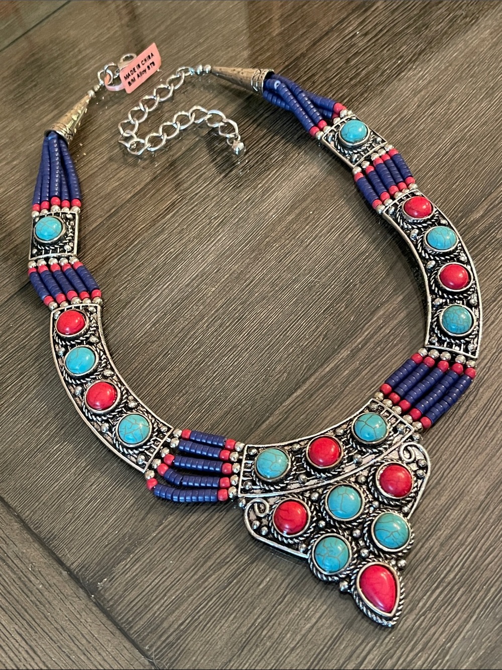 Vintage Style Blue Red Stone Tibetan, Bohemian, Ethnic Style Statement Necklace